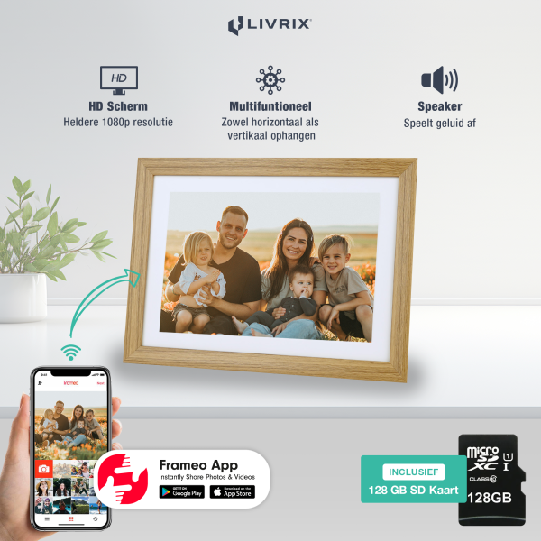 Digitale Fotolijst -  10.1 inch - Houten Frame - Inclusief Gratis 128GB SD Kaart